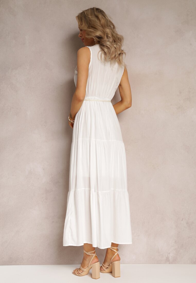 rosa Rochie Maxi Albă cu croială evazată cu șnur decorativ și decolteu triunghiular Zornitsa