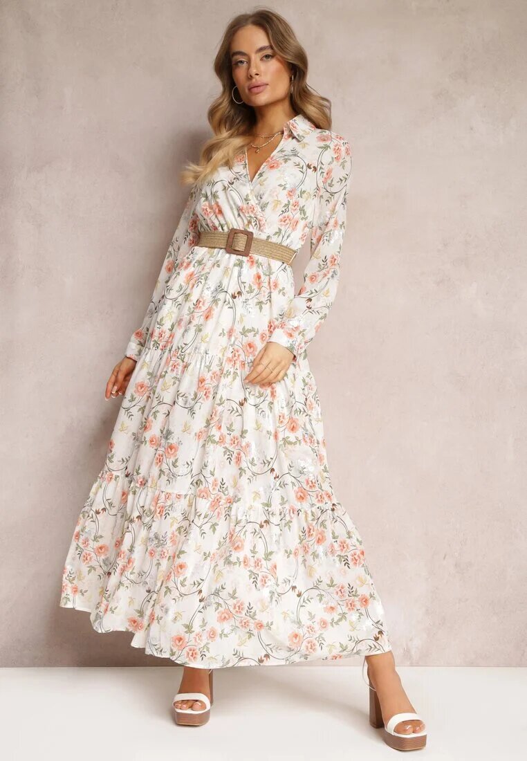 rosa Rochie Maxi Albă cu Curea Împletită și Elastic în Talie Florală Elanisa