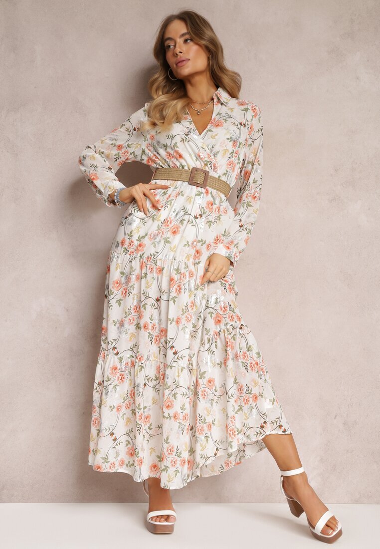 rosa Rochie Maxi Albă cu Curea Împletită și Elastic în Talie Florală Elanisa