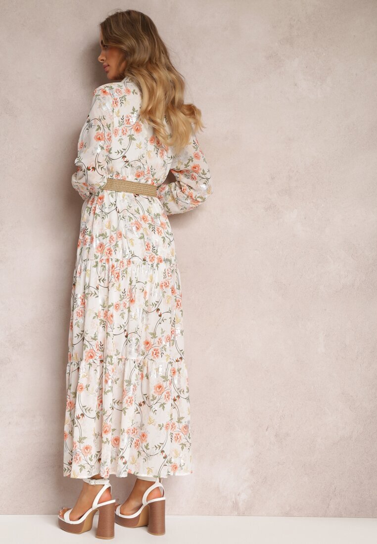 rosa Rochie Maxi Albă cu Curea Împletită și Elastic în Talie Florală Elanisa