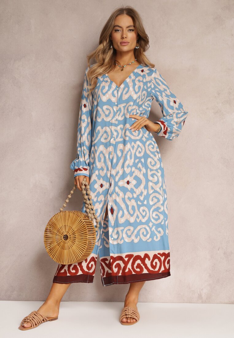 rosa Rochie Maxi Albastră cu fente și buzunare înserate dimineața