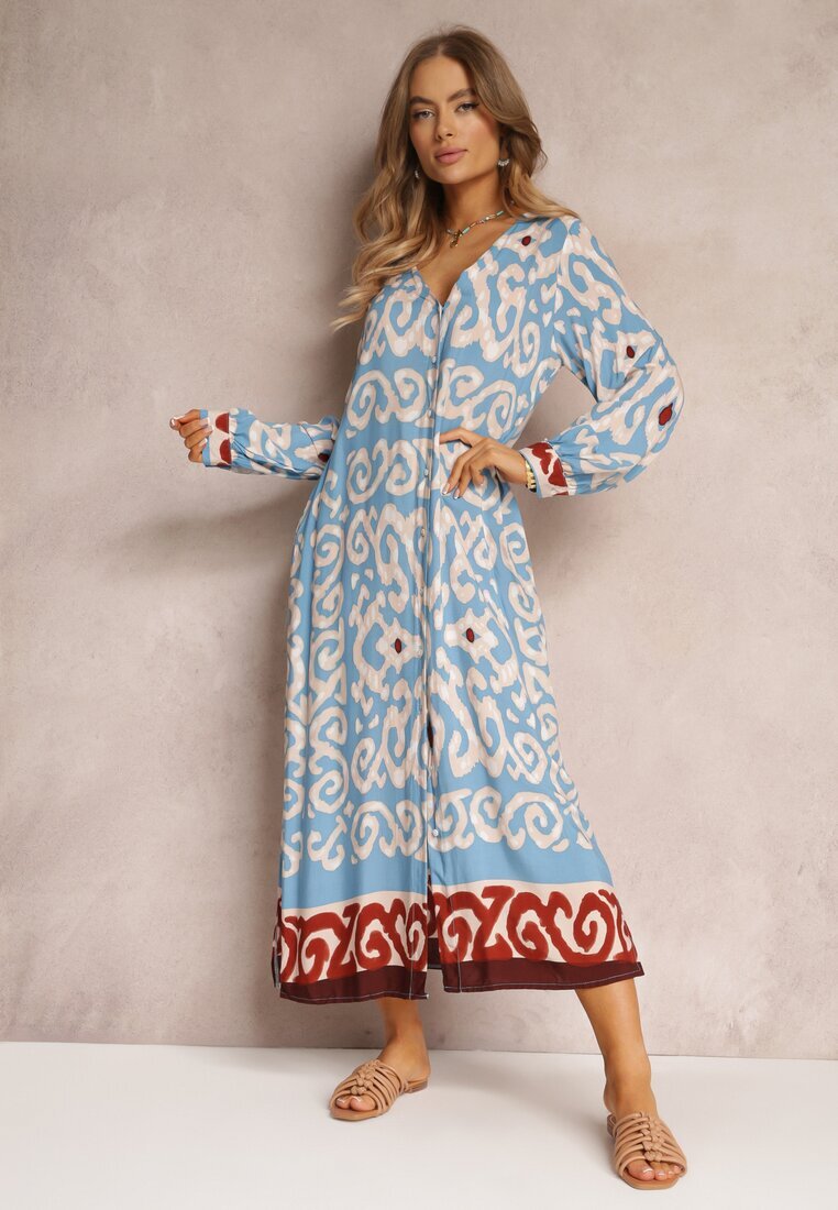 rosa Rochie Maxi Albastră cu fente și buzunare înserate dimineața