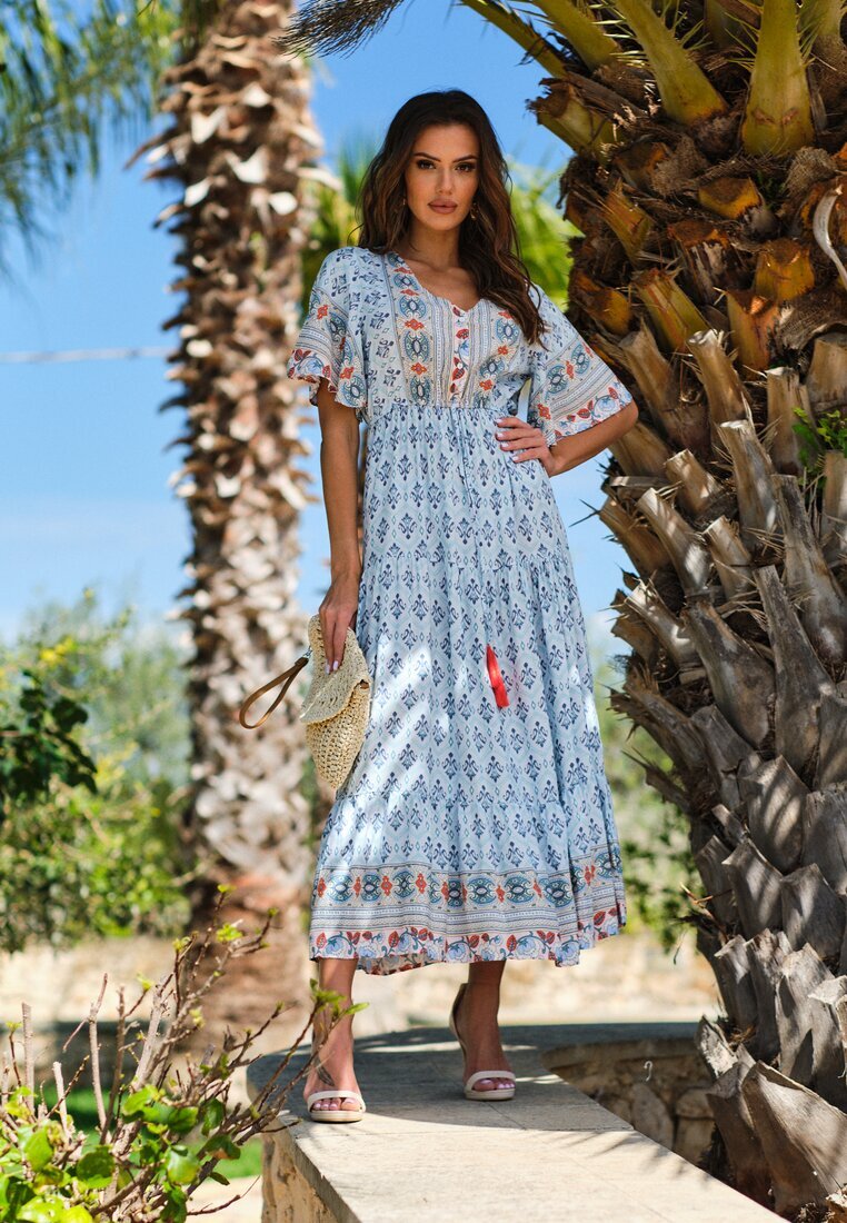 rosa Rochie Maxi Albastru deschis cu Mânecă scurtă și Elastic în talie Emaya