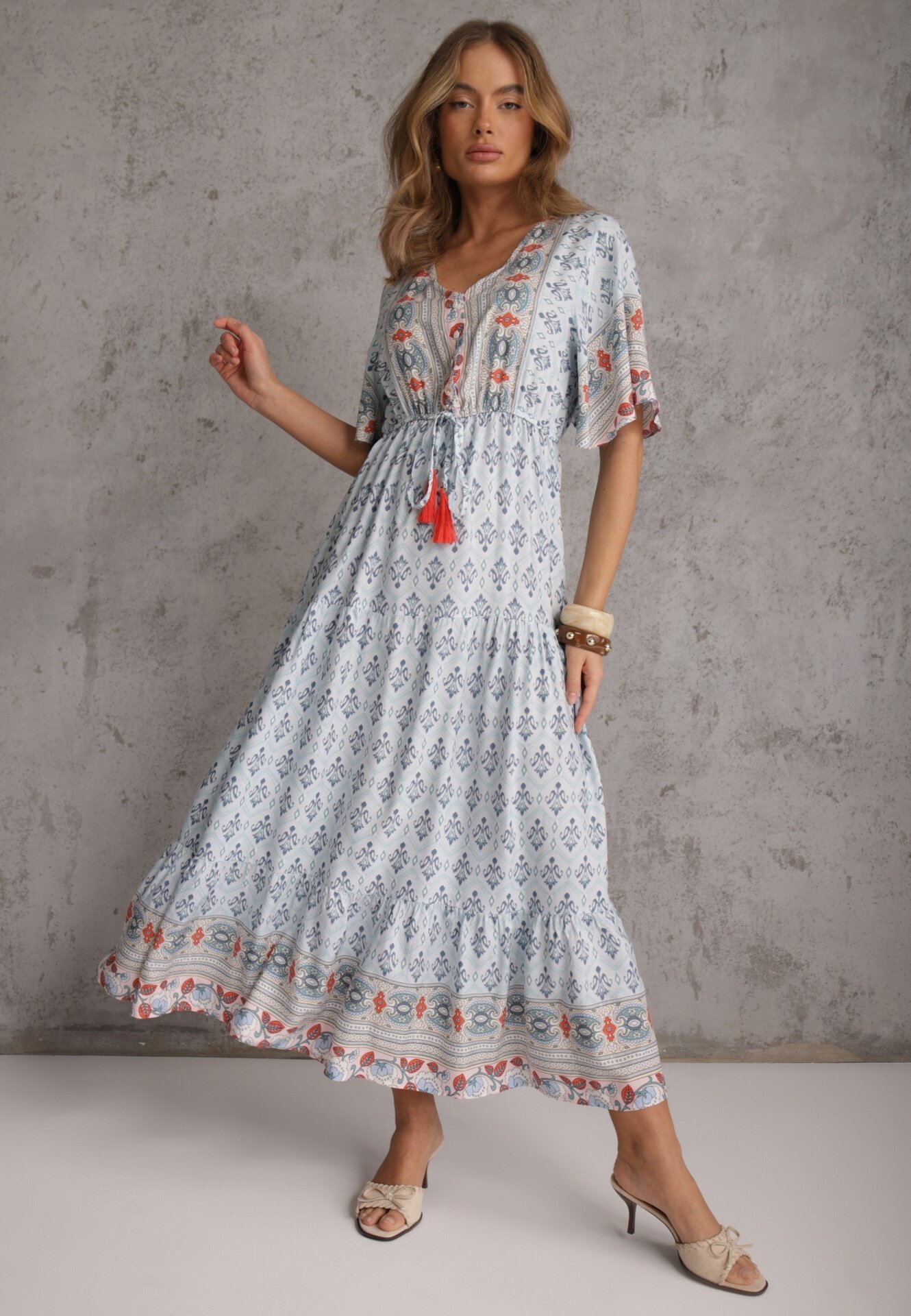 rosa Rochie Maxi Albastru deschis cu Mânecă scurtă și Elastic în talie Emaya