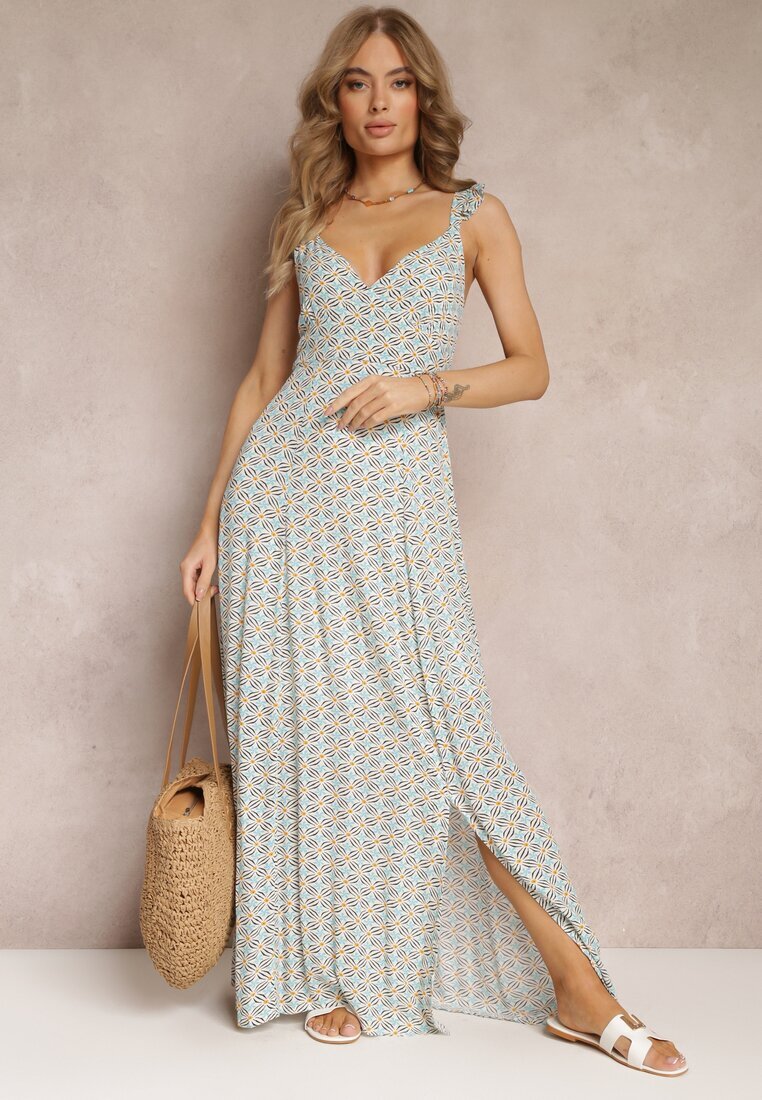 rosa Rochie Maxi Cloche Albastră și Albă cu Bretele Decorative și Decolteu Adânc din Viscoză Jesa