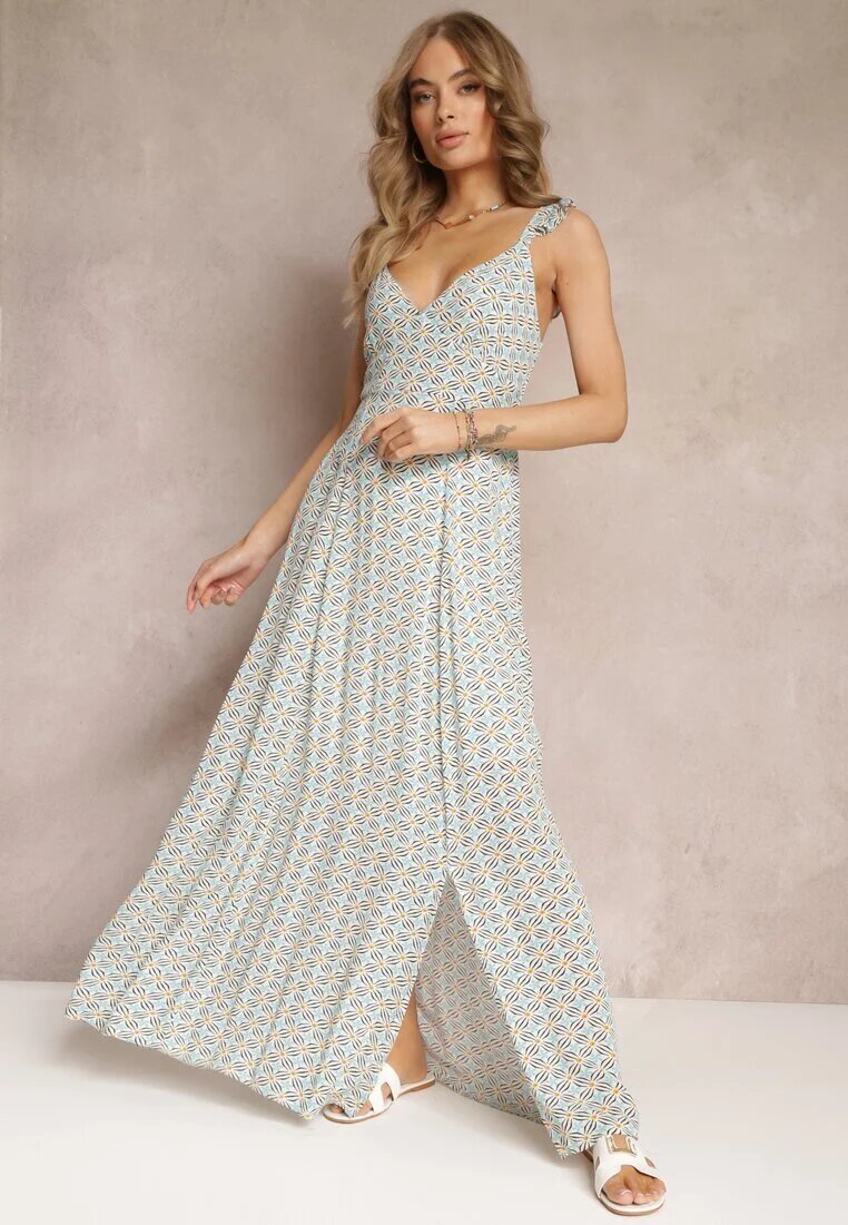 rosa Rochie Maxi Cloche Albastră și Albă cu Bretele Decorative și Decolteu Adânc din Viscoză Jesa
