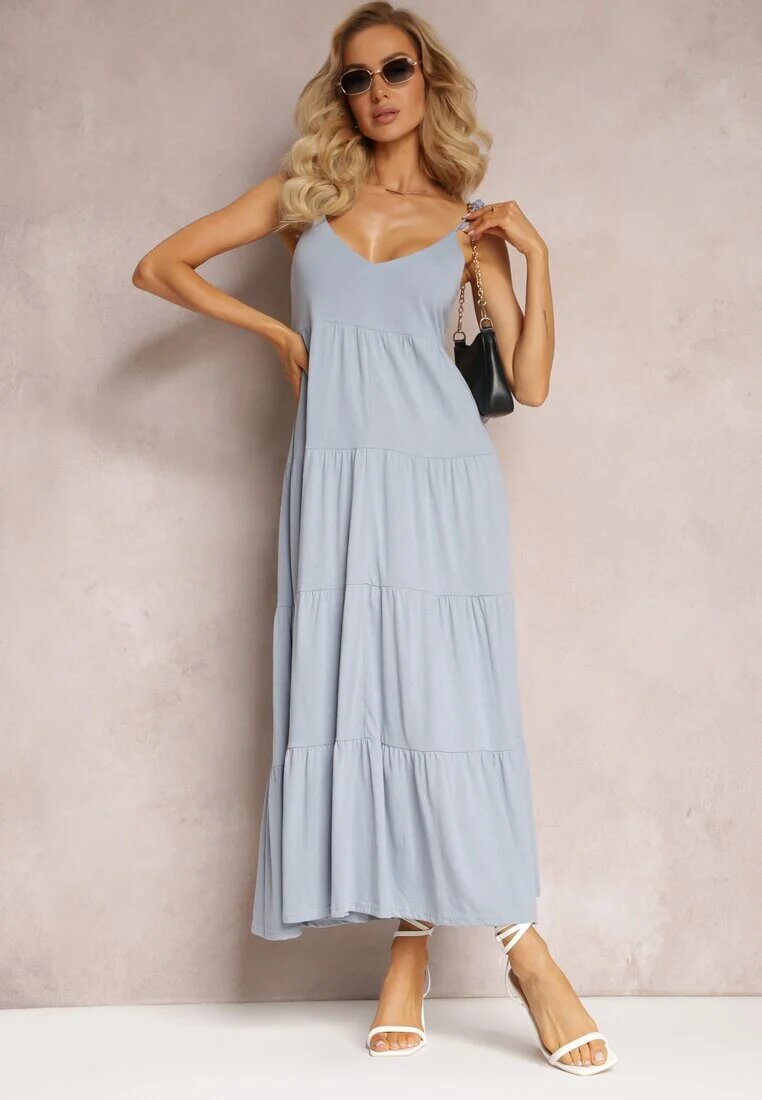 rosa Rochie maxi de bumbac albastru deschis cu bretele legate și volan evazat Mariones