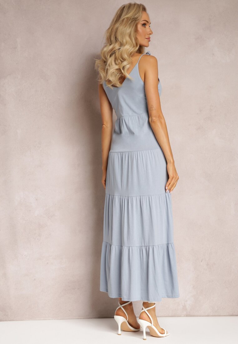 rosa Rochie maxi de bumbac albastru deschis cu bretele legate și volan evazat Mariones