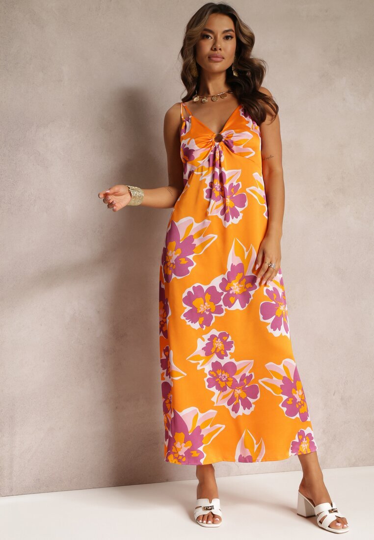 rosa Rochie Maxi de satin Portocalie cu flori cu aplicații la decolteu Benna