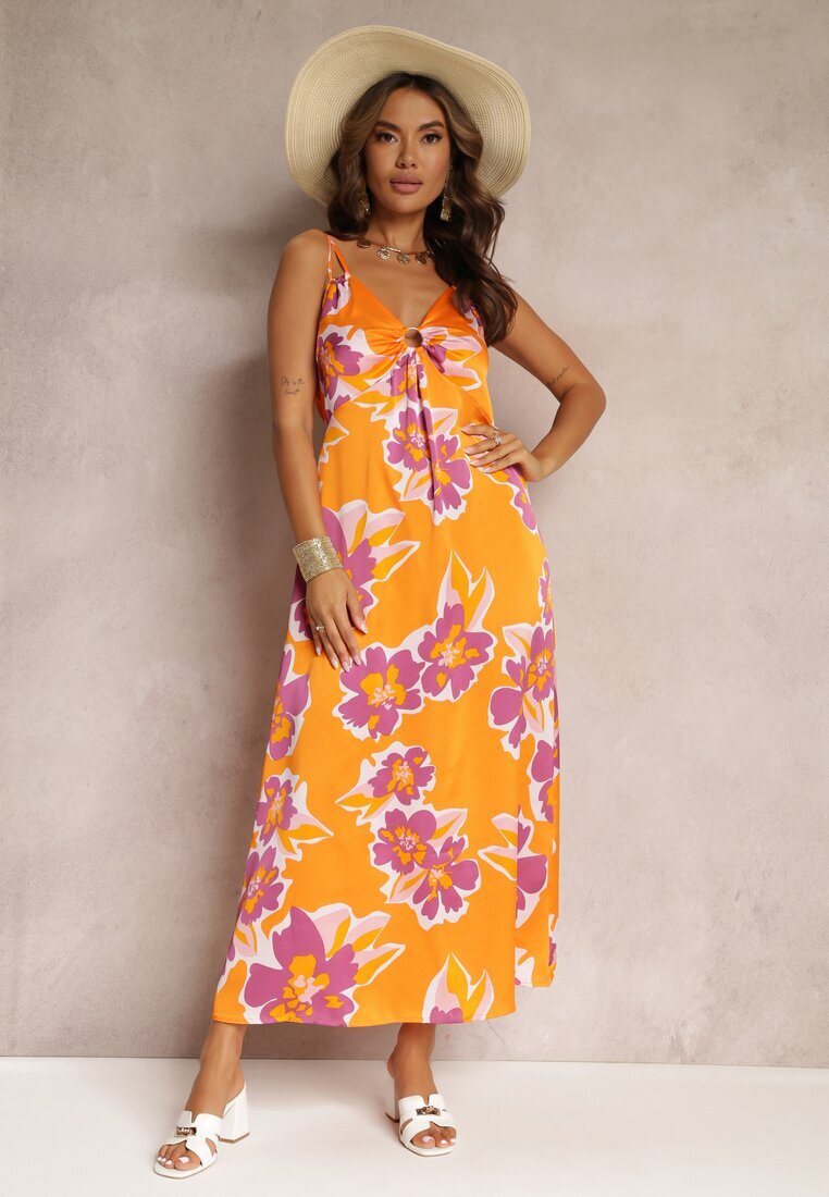 rosa Rochie Maxi de satin Portocalie cu flori cu aplicații la decolteu Benna