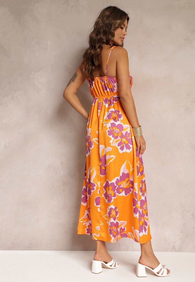 rosa Rochie Maxi de satin Portocalie cu flori cu aplicații la decolteu Benna