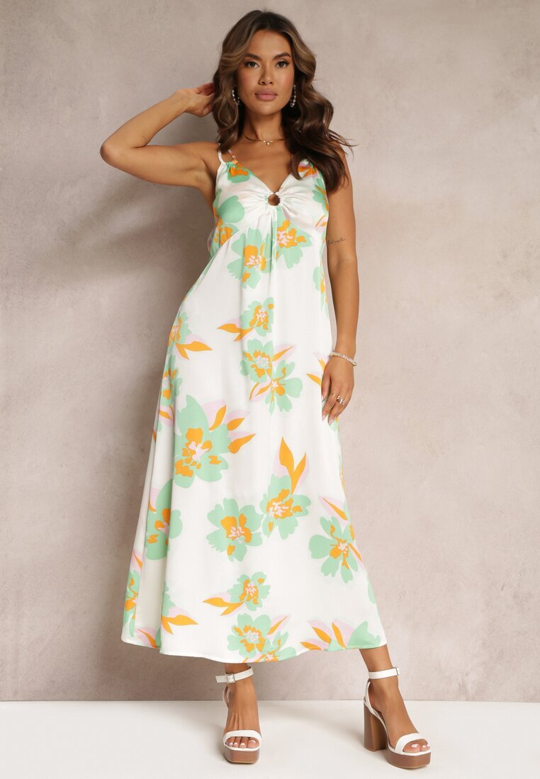 rosa Rochie Maxi din satin Alb-Verde cu flori și decorațiune la decolteu Benna