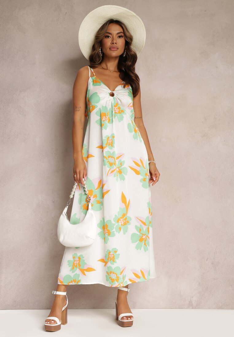 rosa Rochie Maxi din satin Alb-Verde cu flori și decorațiune la decolteu Benna