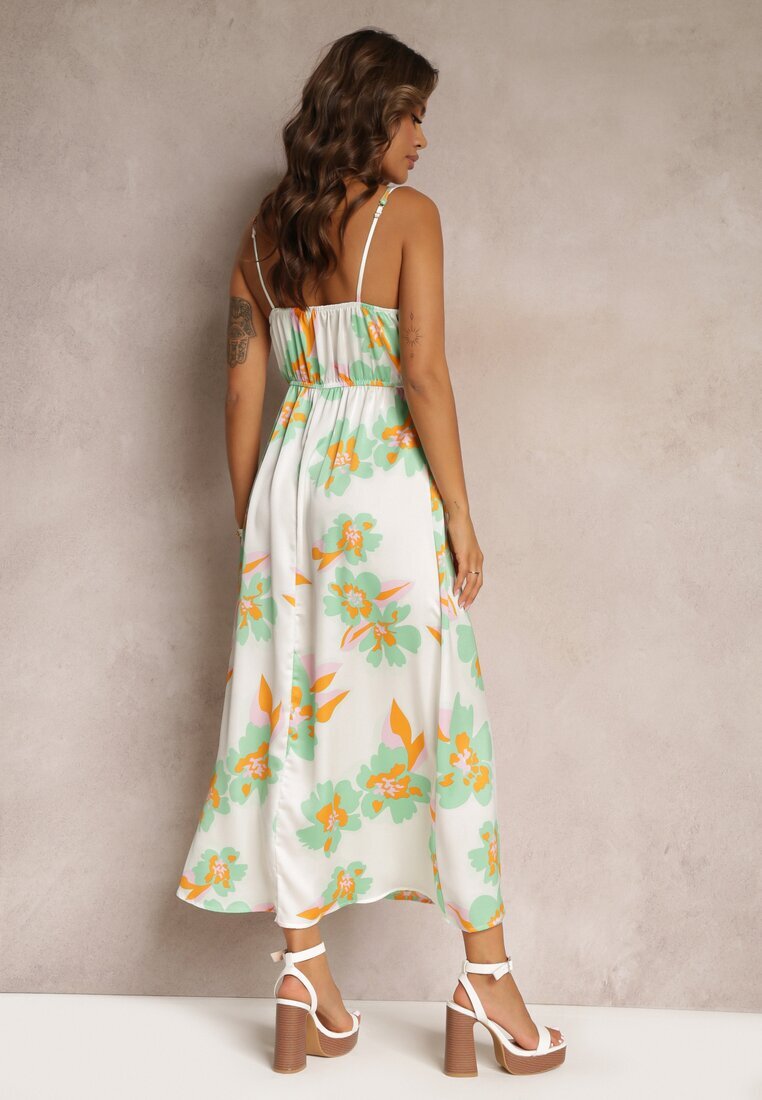 rosa Rochie Maxi din satin Alb-Verde cu flori și decorațiune la decolteu Benna