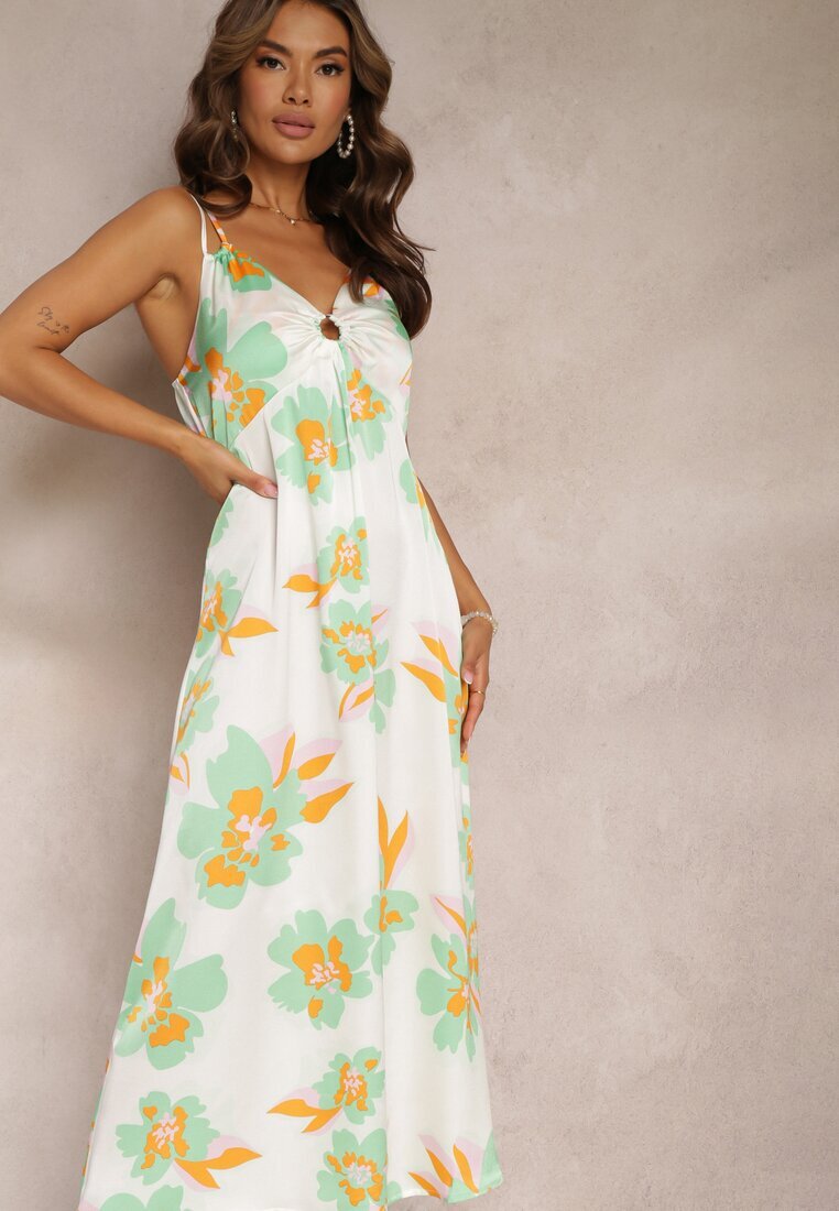 rosa Rochie Maxi din satin Alb-Verde cu flori și decorațiune la decolteu Benna