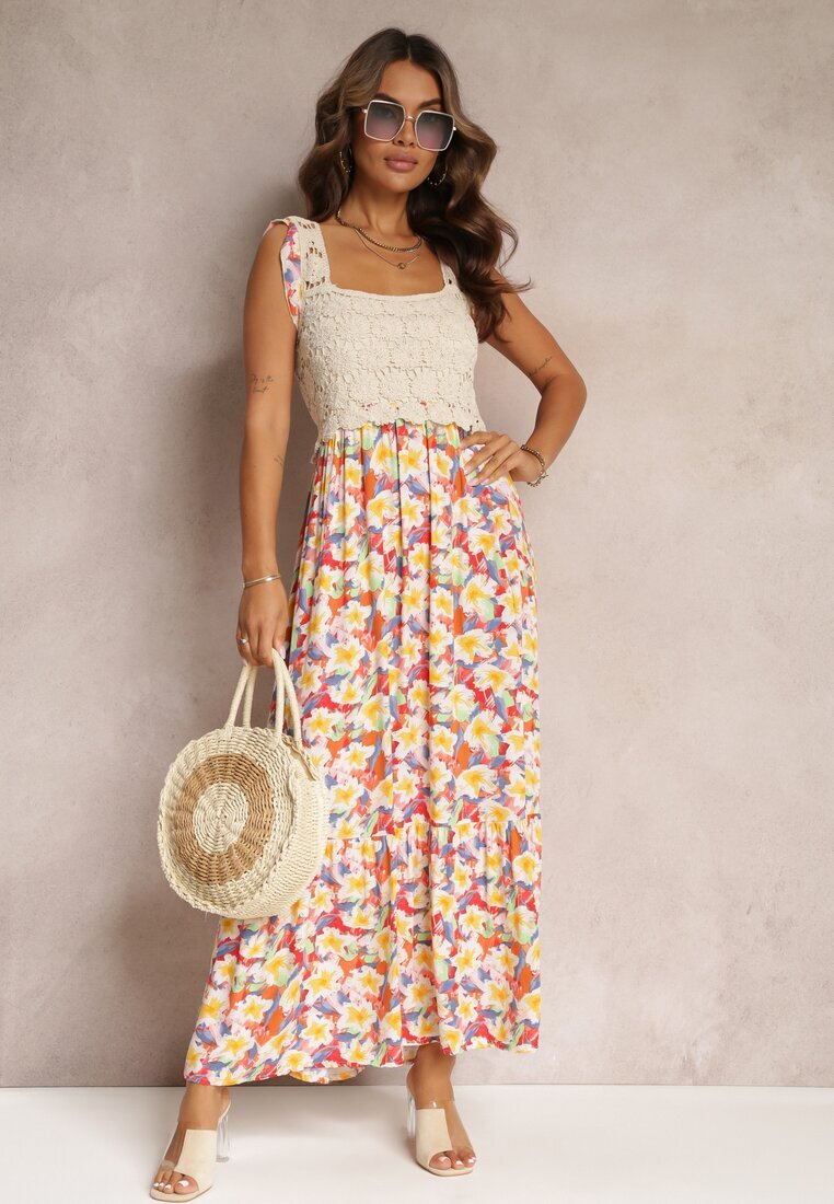 rosa Rochie maxi Galben-Roșie din viscoză florală cu decolteu pătrat Alten