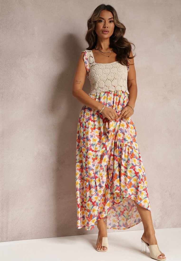 rosa Rochie maxi Galben-Roșie din viscoză florală cu decolteu pătrat Alten