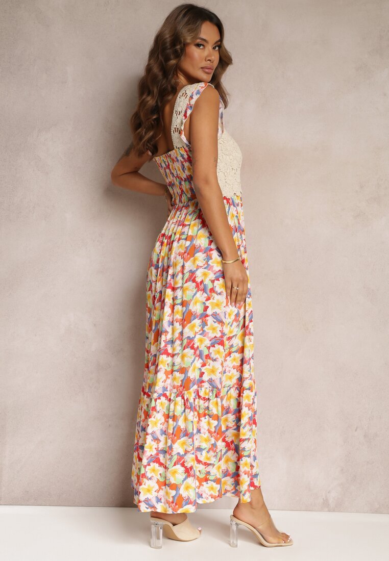 rosa Rochie maxi Galben-Roșie din viscoză florală cu decolteu pătrat Alten