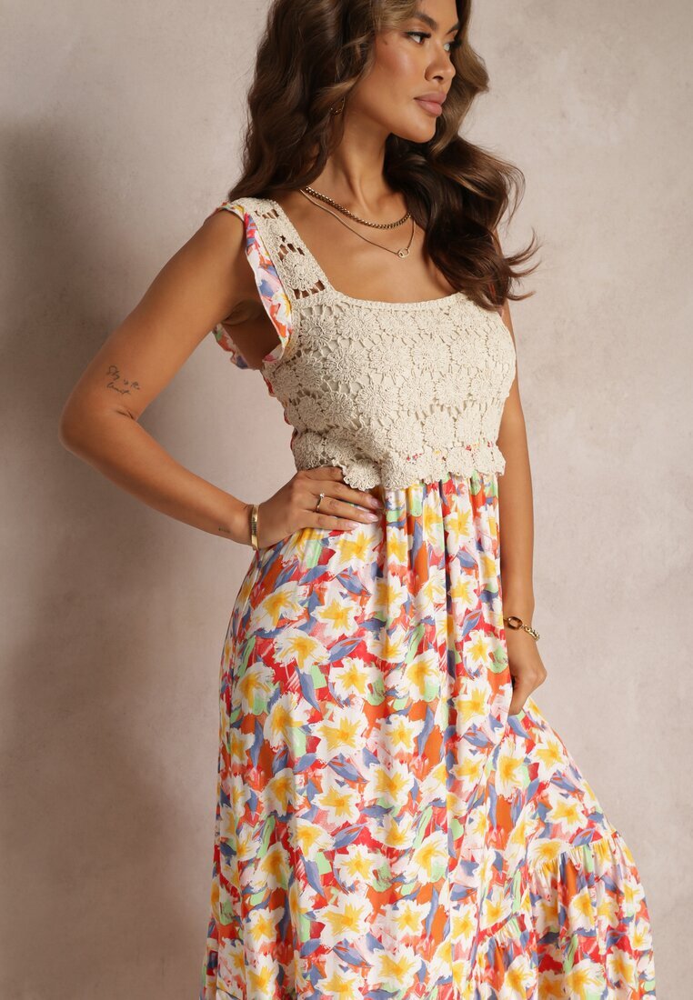 rosa Rochie maxi Galben-Roșie din viscoză florală cu decolteu pătrat Alten