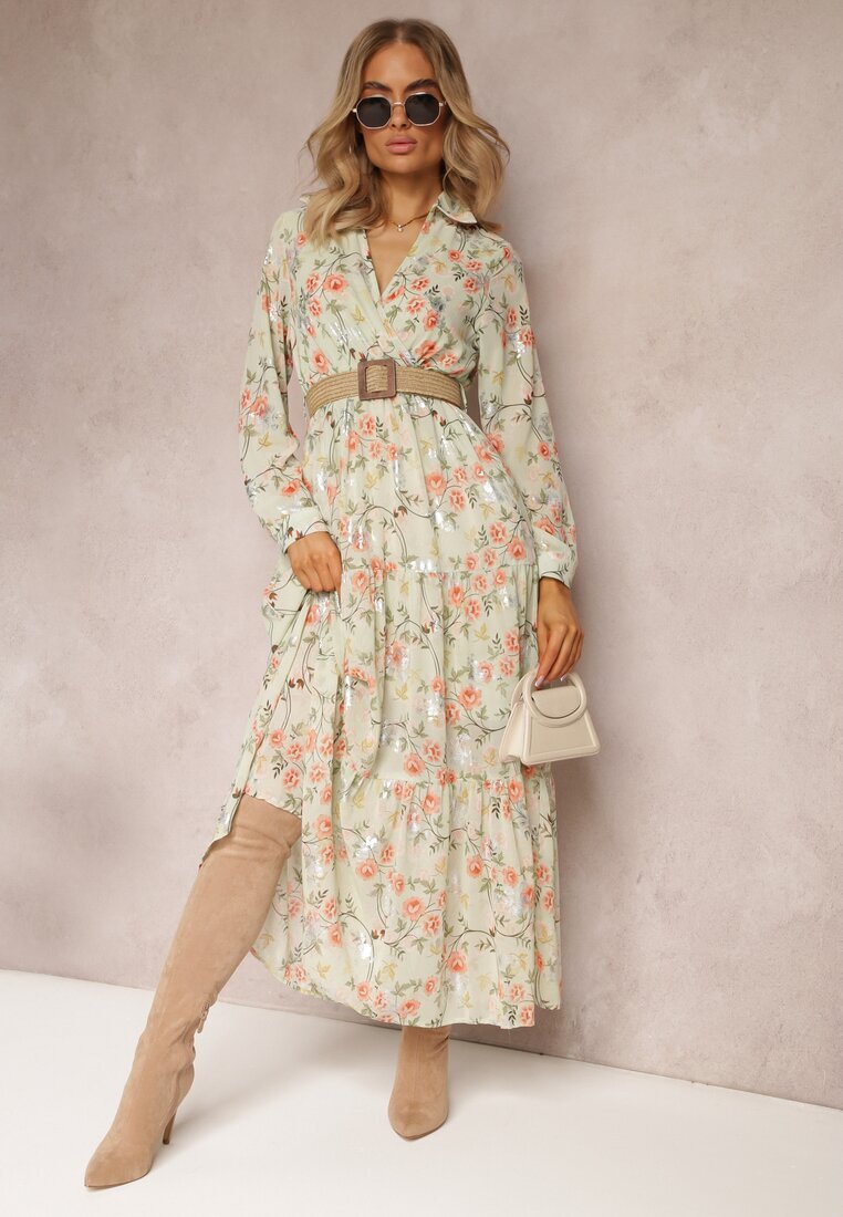 rosa Rochie maxi Mentă cu curea împletită și elastic în talie cu flori Elanisa