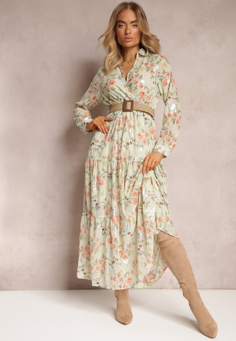 rosa Rochie maxi Mentă cu curea împletită și elastic în talie cu flori Elanisa