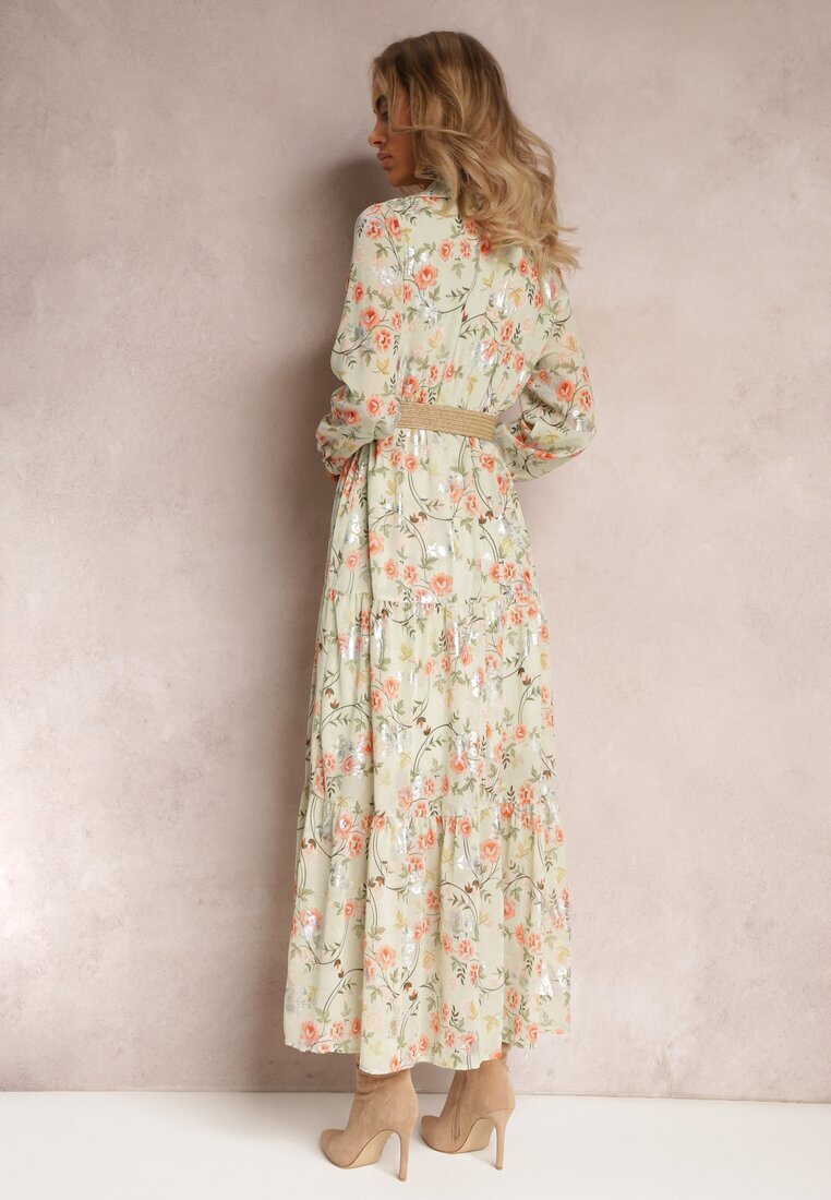 rosa Rochie maxi Mentă cu curea împletită și elastic în talie cu flori Elanisa