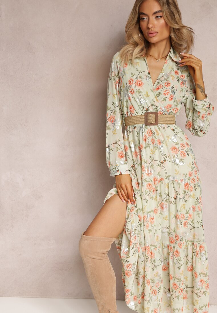 rosa Rochie maxi Mentă cu curea împletită și elastic în talie cu flori Elanisa