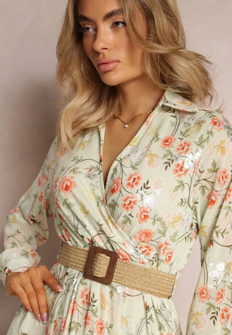 rosa Rochie maxi Mentă cu curea împletită și elastic în talie cu flori Elanisa