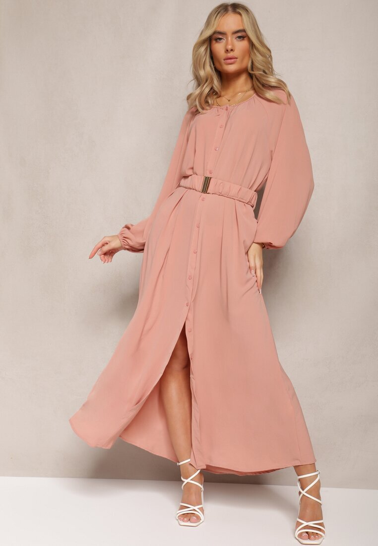 rosa Rochie maxi roz închis cu croială lejeră cu nasturi și curea cu cataramă metalică Ferian