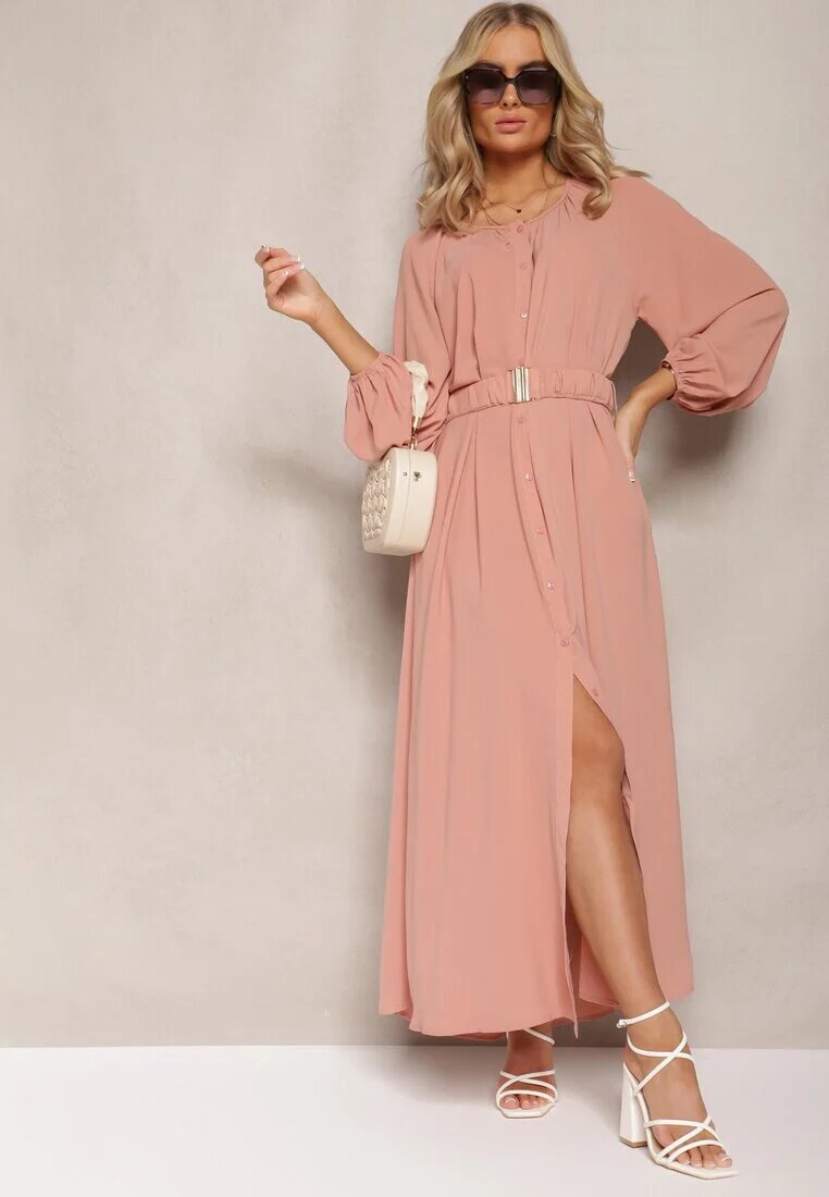 rosa Rochie maxi roz închis cu croială lejeră cu nasturi și curea cu cataramă metalică Ferian