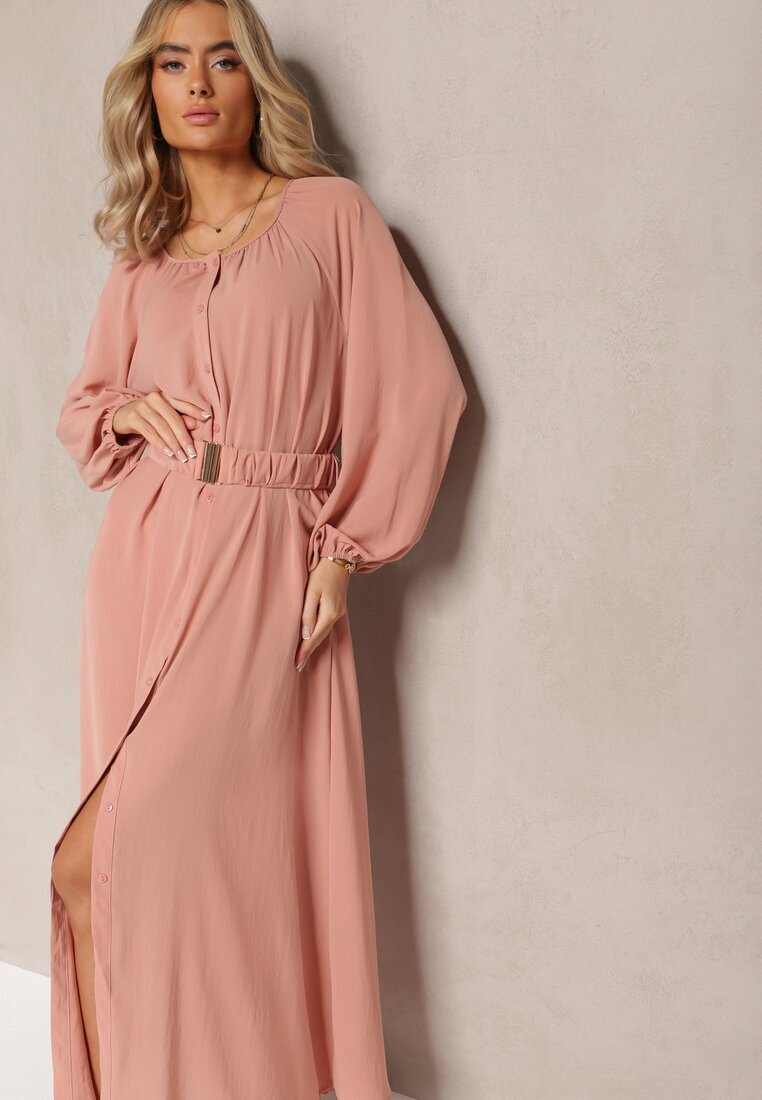 rosa Rochie maxi roz închis cu croială lejeră cu nasturi și curea cu cataramă metalică Ferian