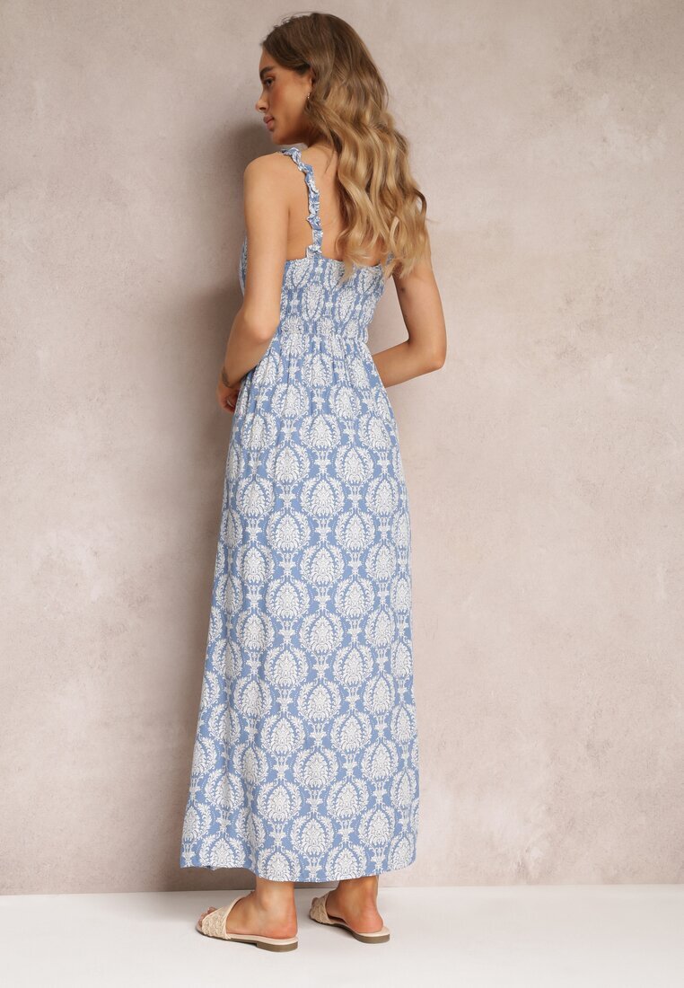 rosa Rochie Maxi Vâscoză Albastră cu Imprimeu Floral și Benzi Elastice Subțiri Janitza
