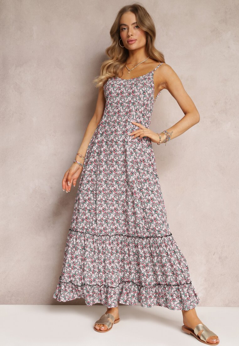rosa Rochie Maxi Verde-Albă cu Bretele Legate și Volănaș La Bază Krosby