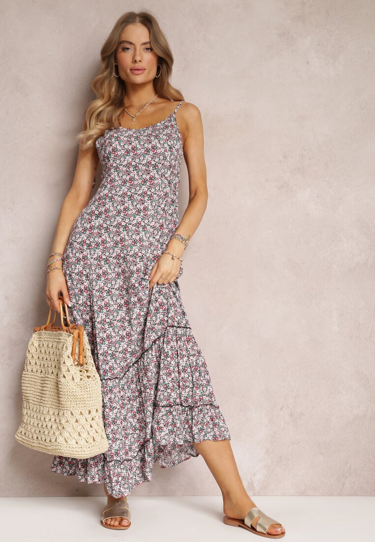 rosa Rochie Maxi Verde-Albă cu Bretele Legate și Volănaș La Bază Krosby