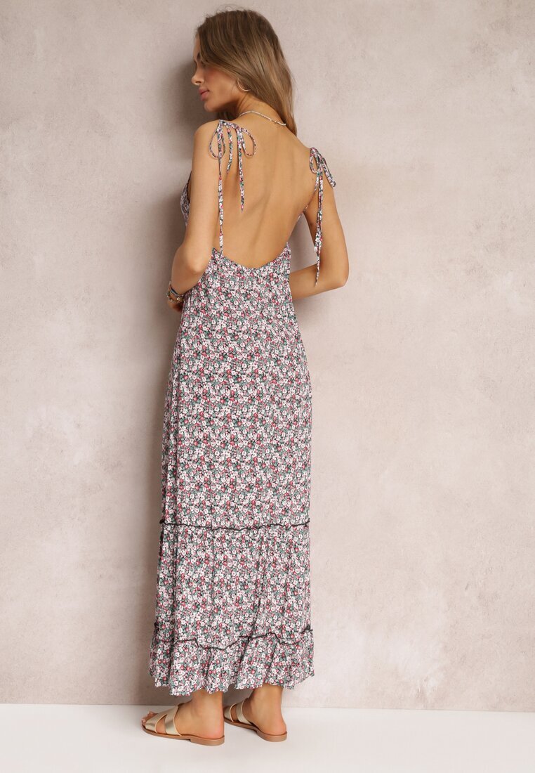 rosa Rochie Maxi Verde-Albă cu Bretele Legate și Volănaș La Bază Krosby