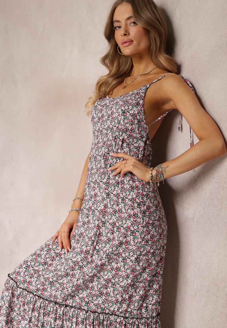 rosa Rochie Maxi Verde-Albă cu Bretele Legate și Volănaș La Bază Krosby