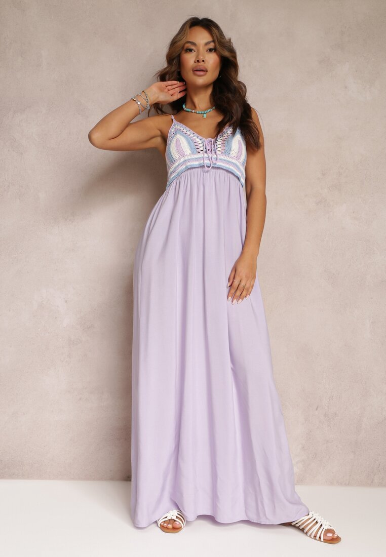 rosa Rochie maxi violetă de bumbac cu top croșetat și elastice la spate Jennesia
