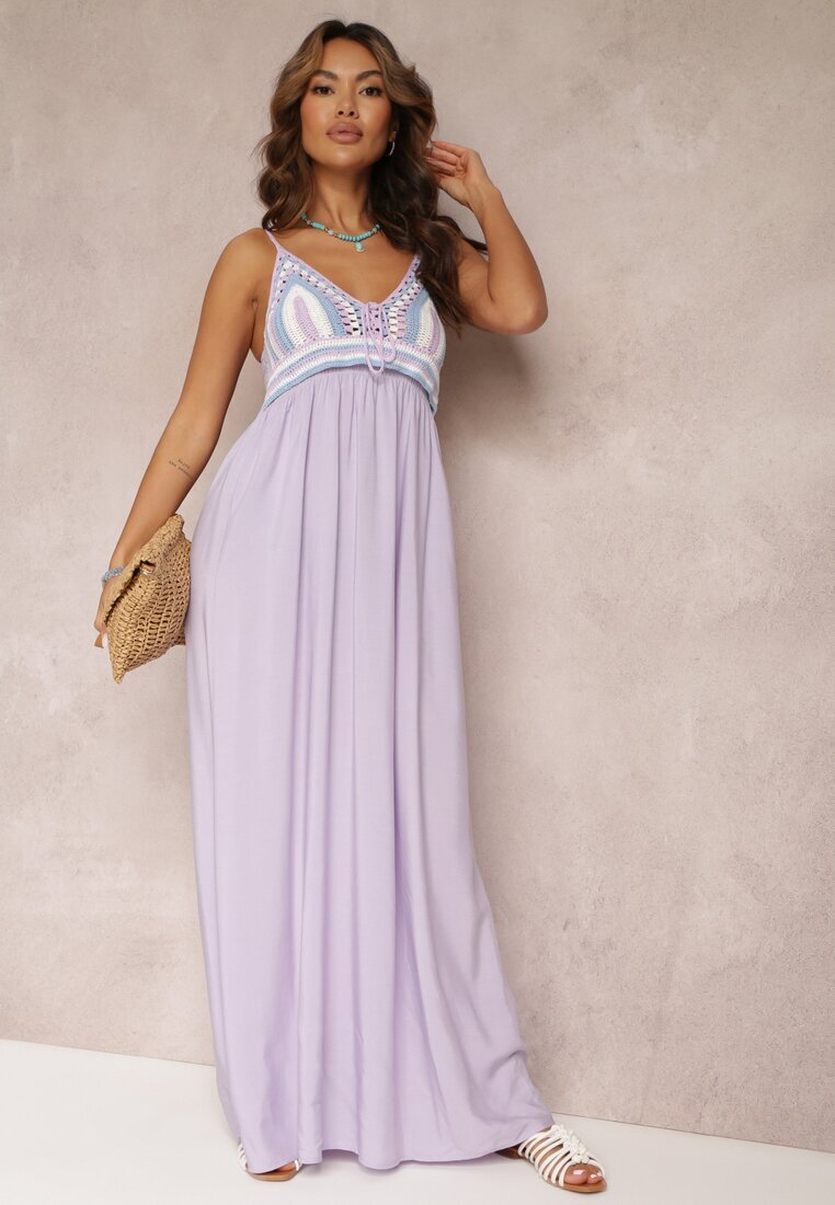 rosa Rochie maxi violetă de bumbac cu top croșetat și elastice la spate Jennesia