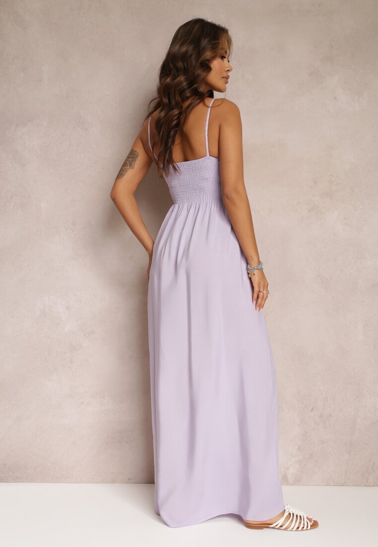 rosa Rochie maxi violetă de bumbac cu top croșetat și elastice la spate Jennesia