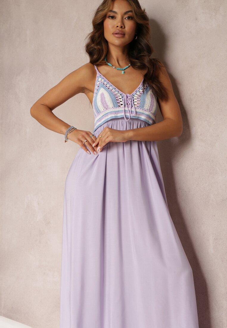 rosa Rochie maxi violetă de bumbac cu top croșetat și elastice la spate Jennesia
