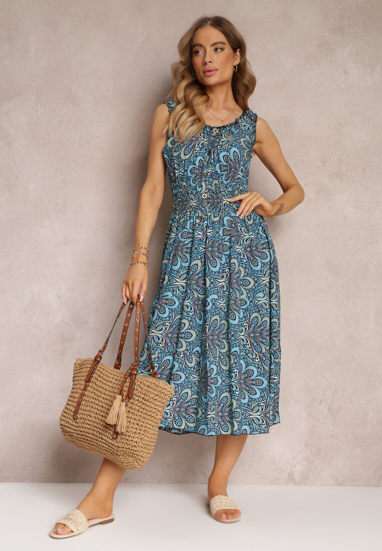 rosa Rochie midi albastră cu flori cu elastice subțiri în talie și volane Jallia