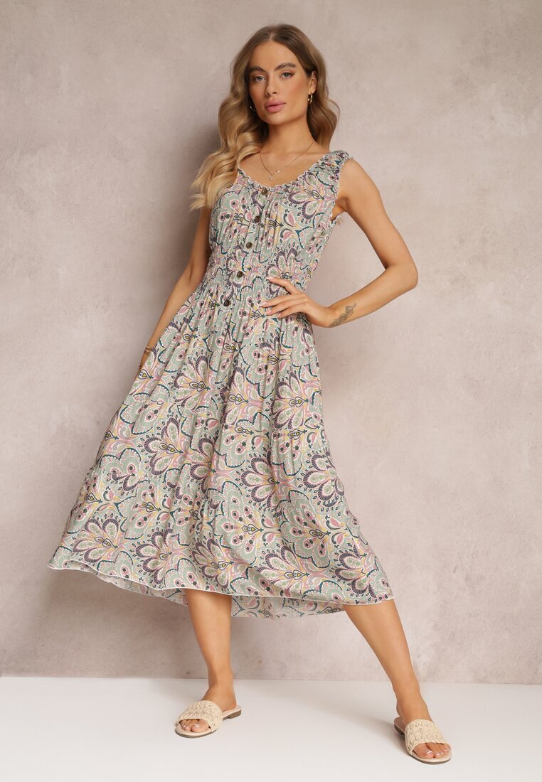 rosa Rochie Midi Florală Mentă-Roz cu Elastice Subțiri în Talie și Volănașe Jallia