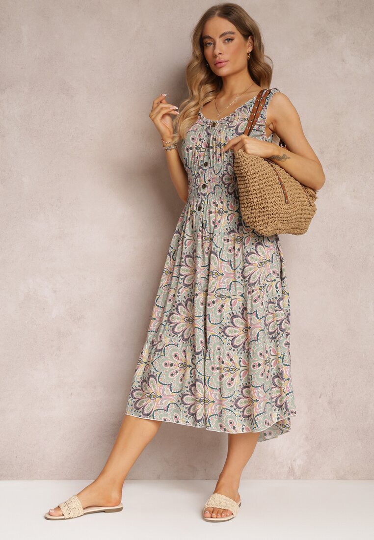 rosa Rochie Midi Florală Mentă-Roz cu Elastice Subțiri în Talie și Volănașe Jallia