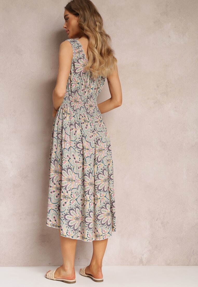 rosa Rochie Midi Florală Mentă-Roz cu Elastice Subțiri în Talie și Volănașe Jallia