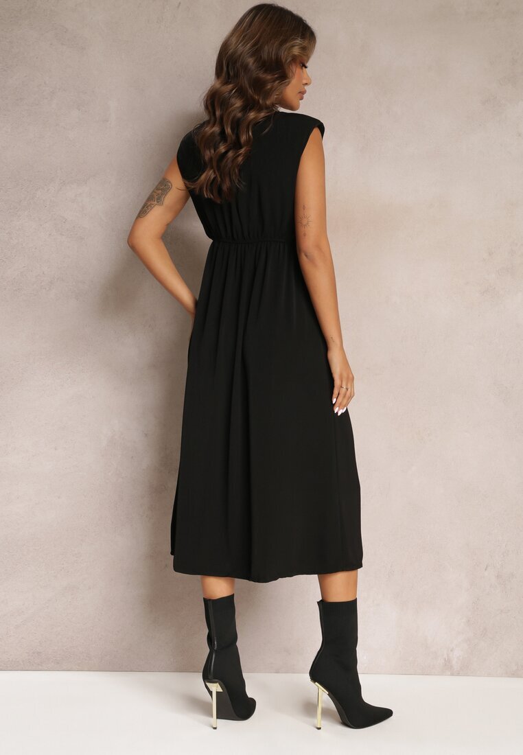 rosa Rochie Midi Neagră cu croială evazată cu nod decorativ și fantă Zanondia