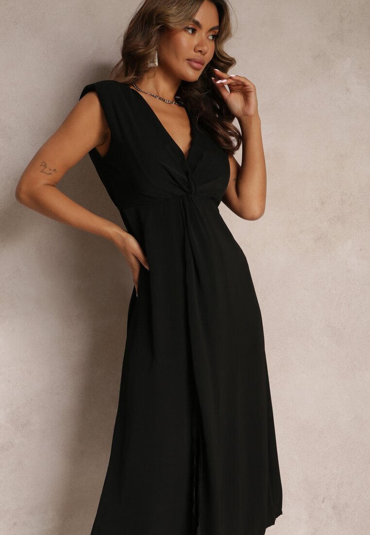 rosa Rochie Midi Neagră cu croială evazată cu nod decorativ și fantă Zanondia
