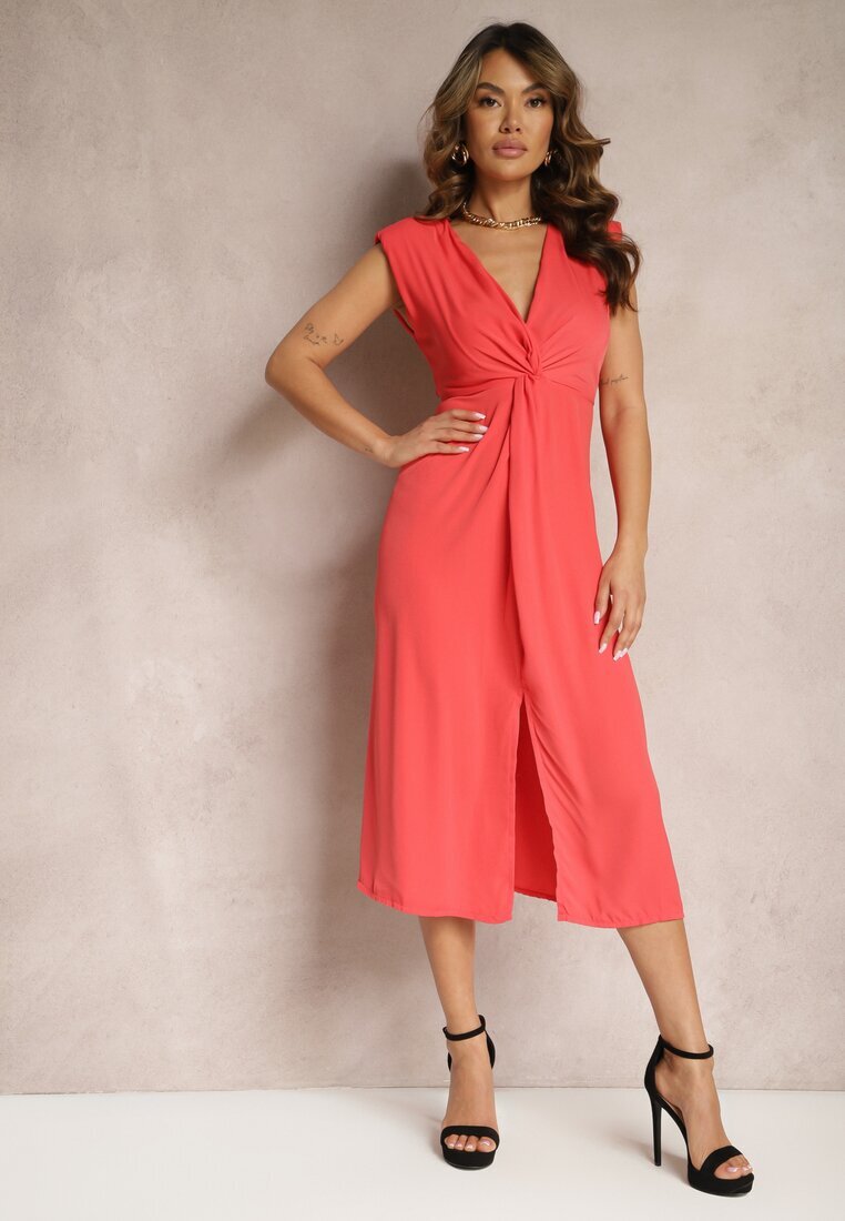 rosa Rochie Midi Roșie cu croială evazată cu nod decorativ și șliț Zanondia