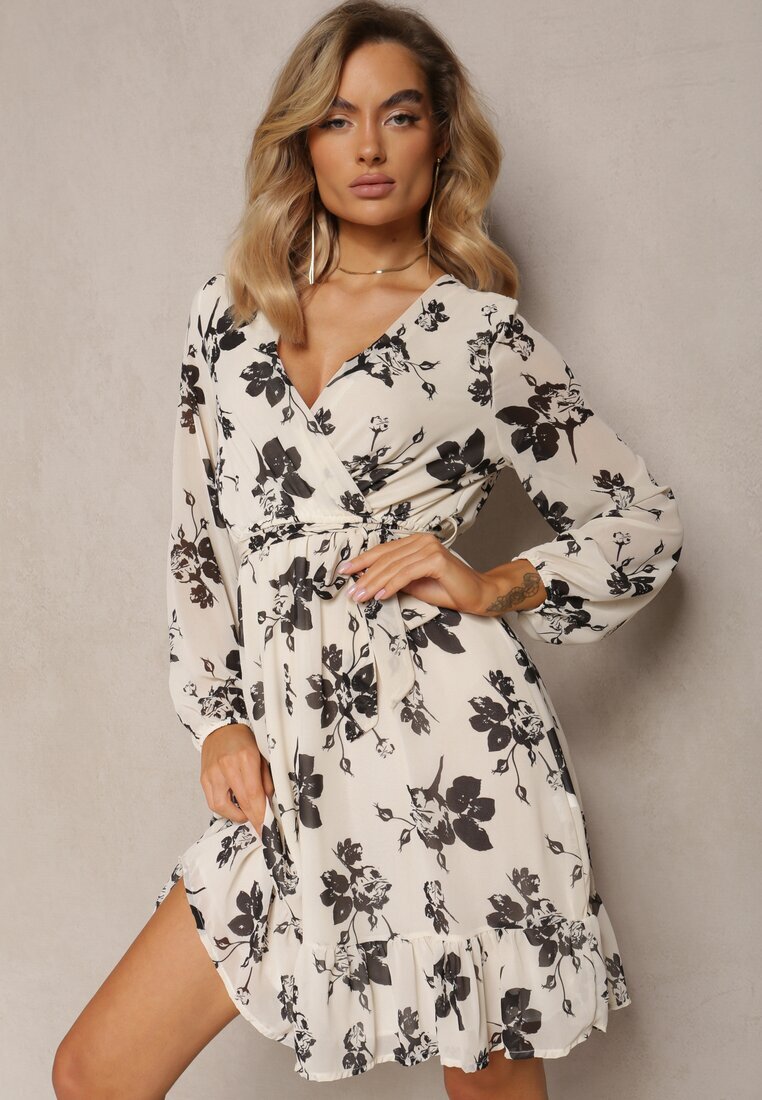 rosa Rochie Mini Albă Evazată Florală și cu elastic în talie Elandri