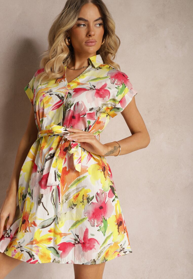 rosa Rochie Mini Galben-Albă Evazată cu Guler și Mânecă Scurtă din Bumbac cu Flori Thatine