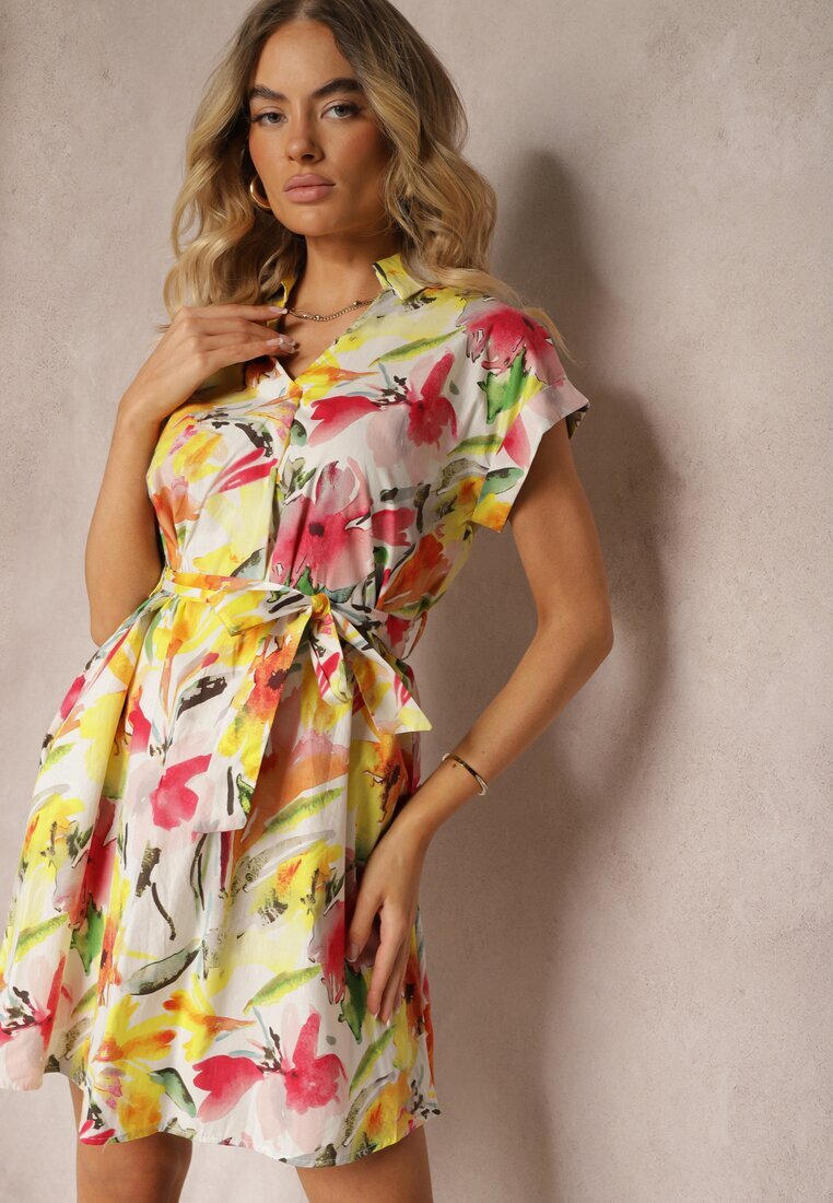 rosa Rochie Mini Galben-Albă Evazată cu Guler și Mânecă Scurtă din Bumbac cu Flori Thatine